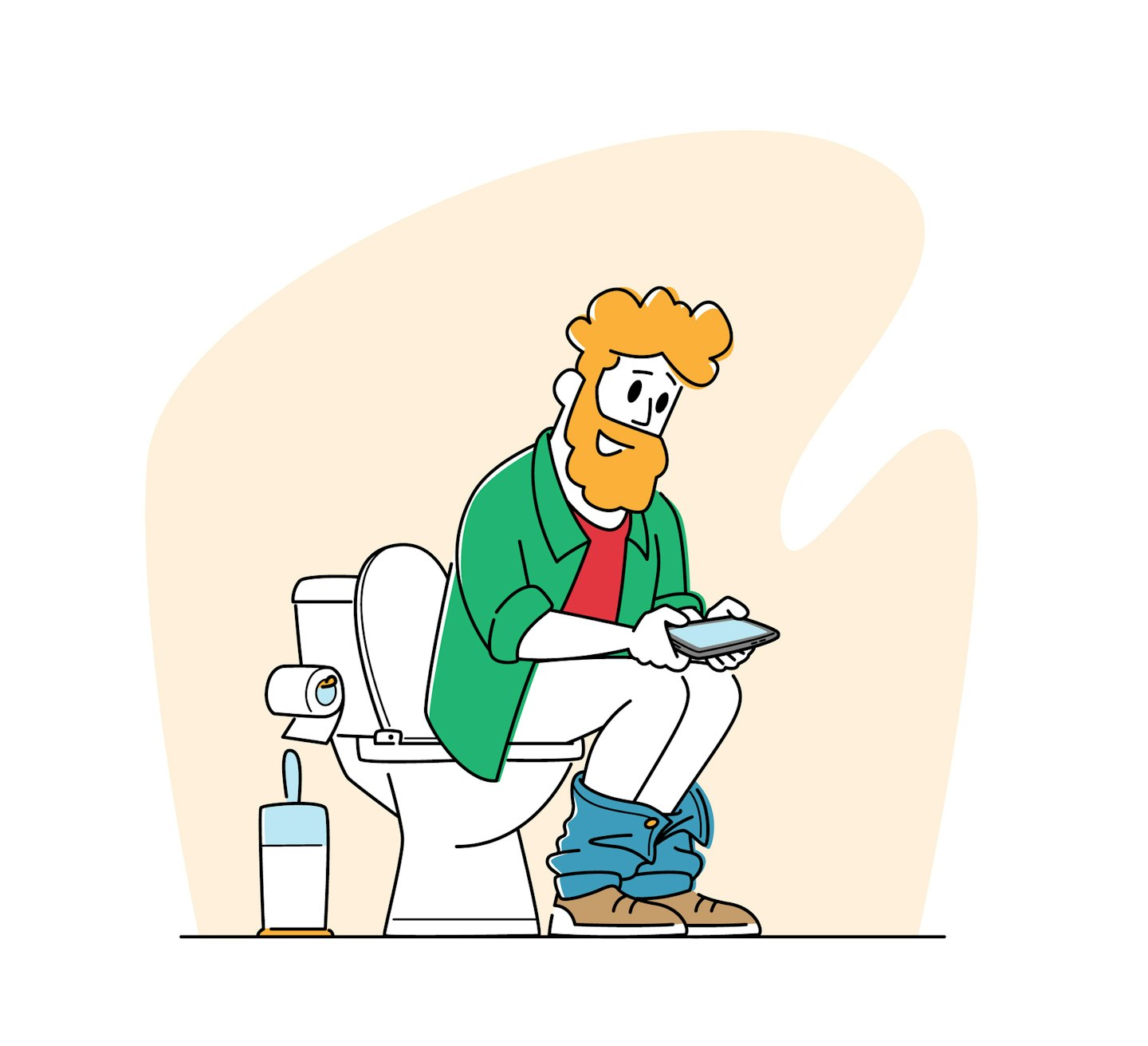 bearded man sitting on the toilet playing on a tablet