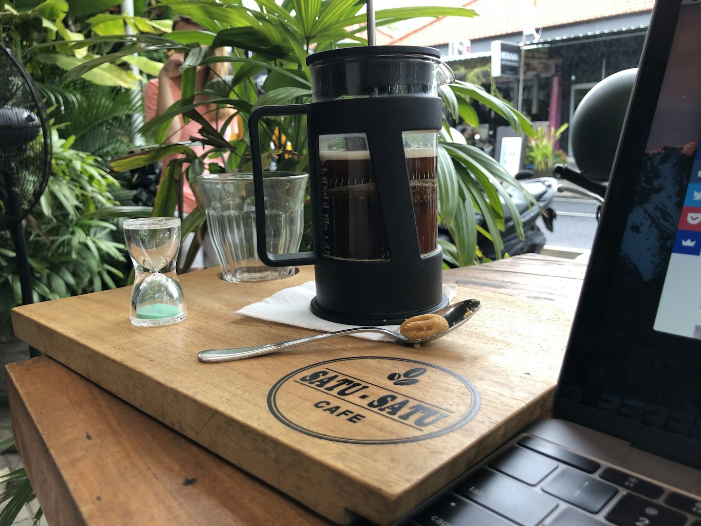 a french press coffee in a famous Canggu cafe